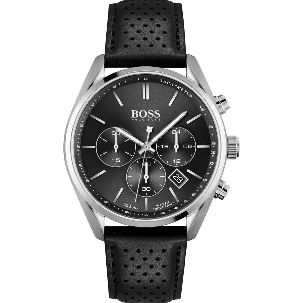Hugo Boss Champion black chronograph watch with silver case and black leather strap