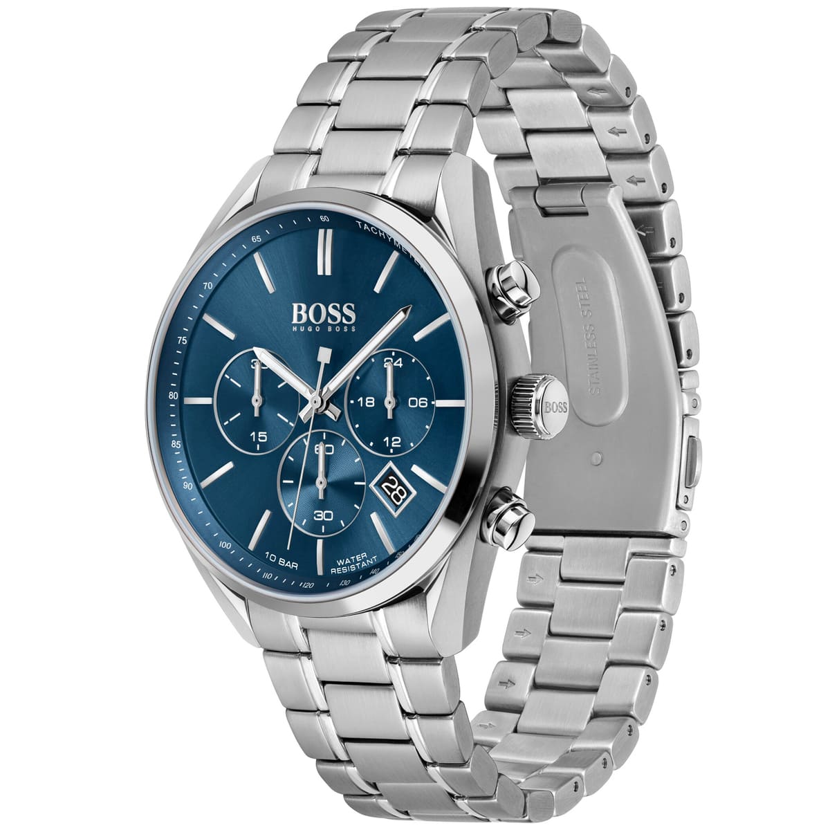 Side view of Hugo Boss Champion watch showing stainless steel bracelet and chronograph subdials