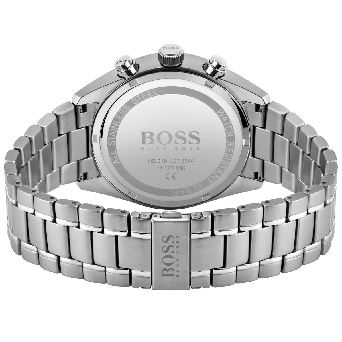 Stainless steel caseback engraved with Hugo Boss branding and model details