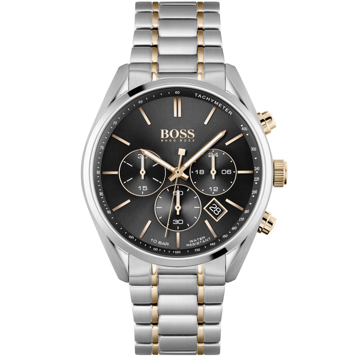 Hugo Boss Champion two-tone chronograph watch with black dial and rose gold accents