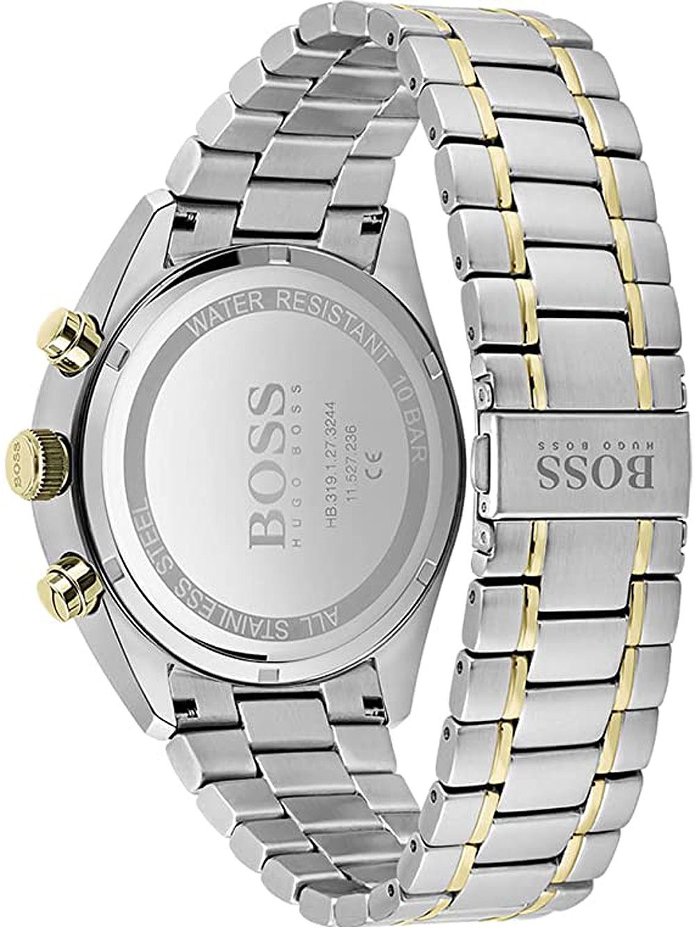 Back view of Hugo Boss Champion chronograph watch showing case back with water resistance marking