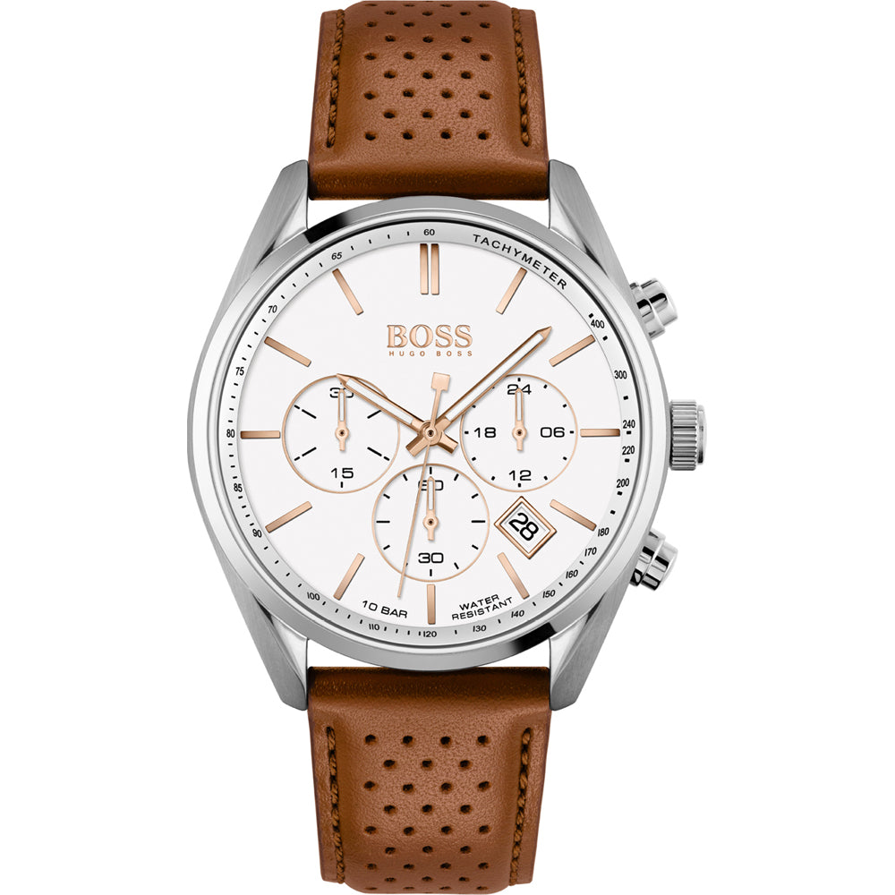 Hugo Boss Champion chronograph watch with white dial and brown perforated leather strap