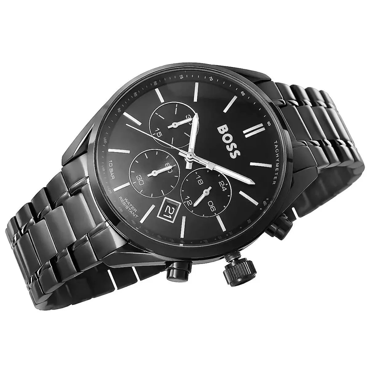 Hugo Boss Champion chronograph watch angled view on marble surface