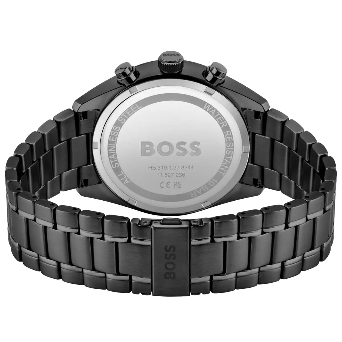 Hugo Boss Champion watch caseback showing engraved BOSS logo and specifications