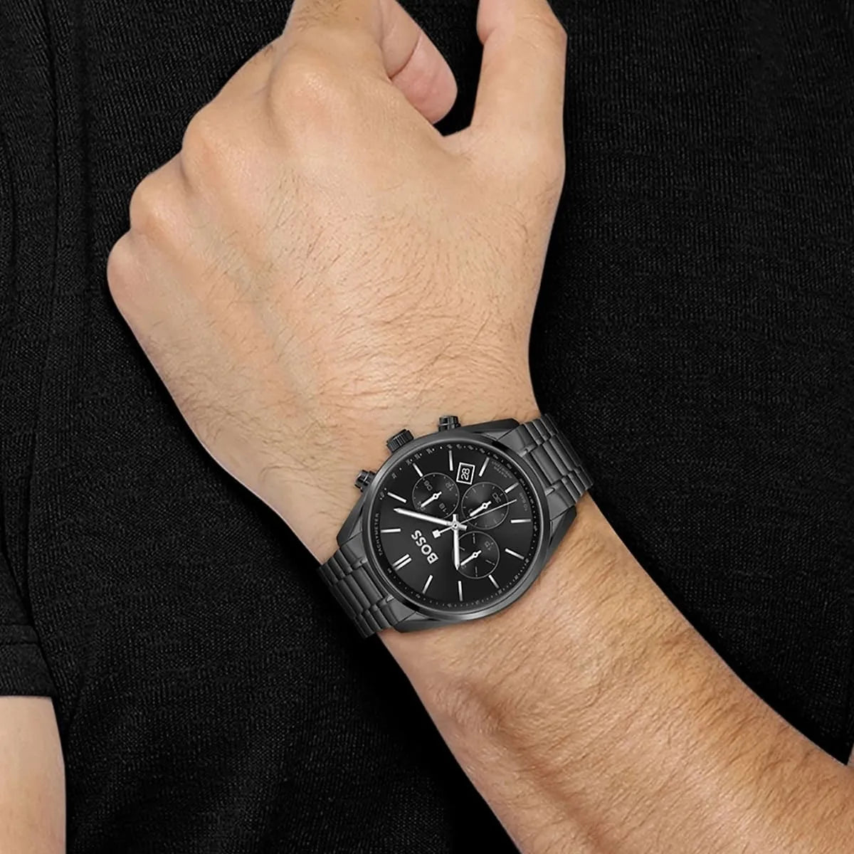 Hugo Boss Champion chronograph watch worn on male wrist