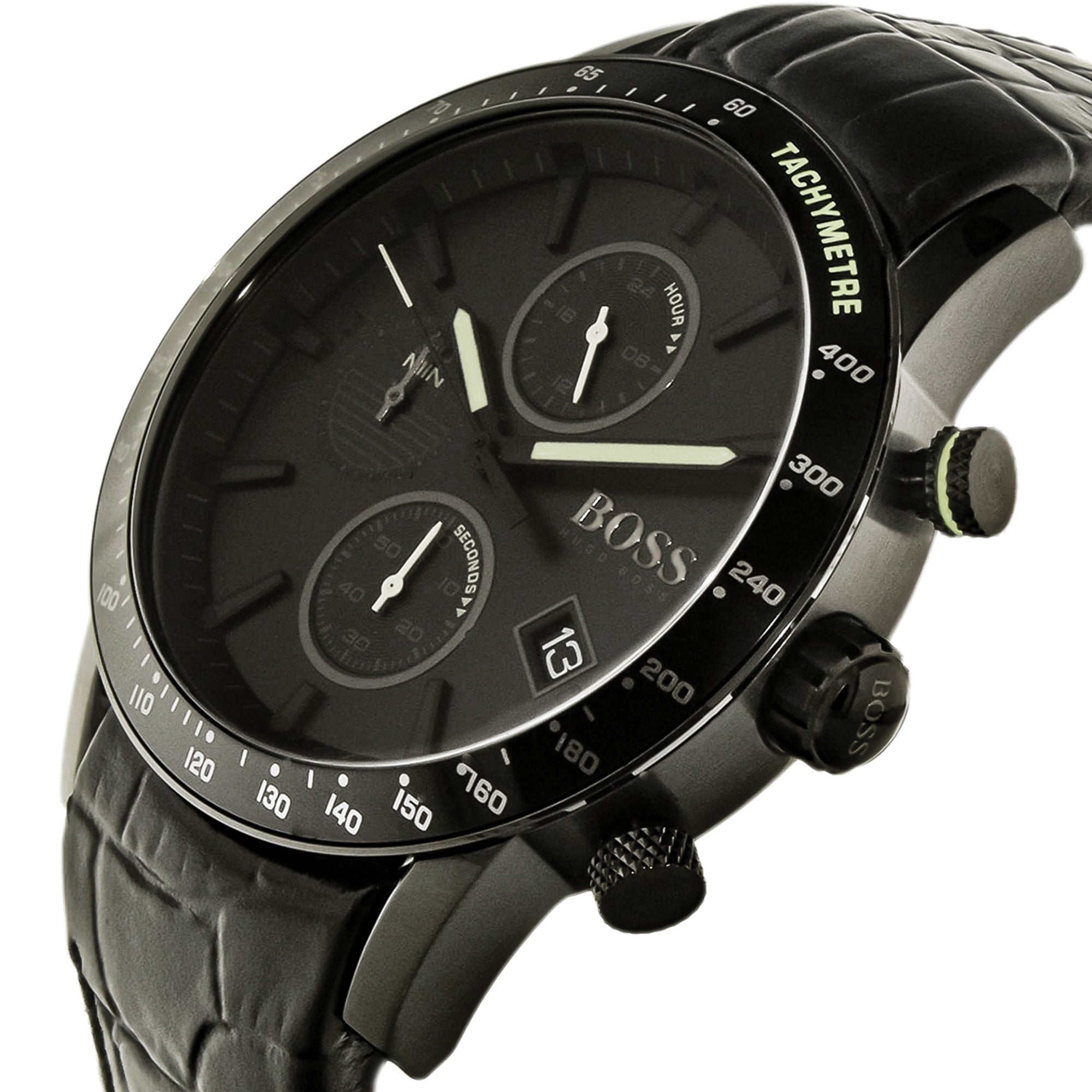 Hugo Boss black chronograph watch at angle showing case profile and leather strap