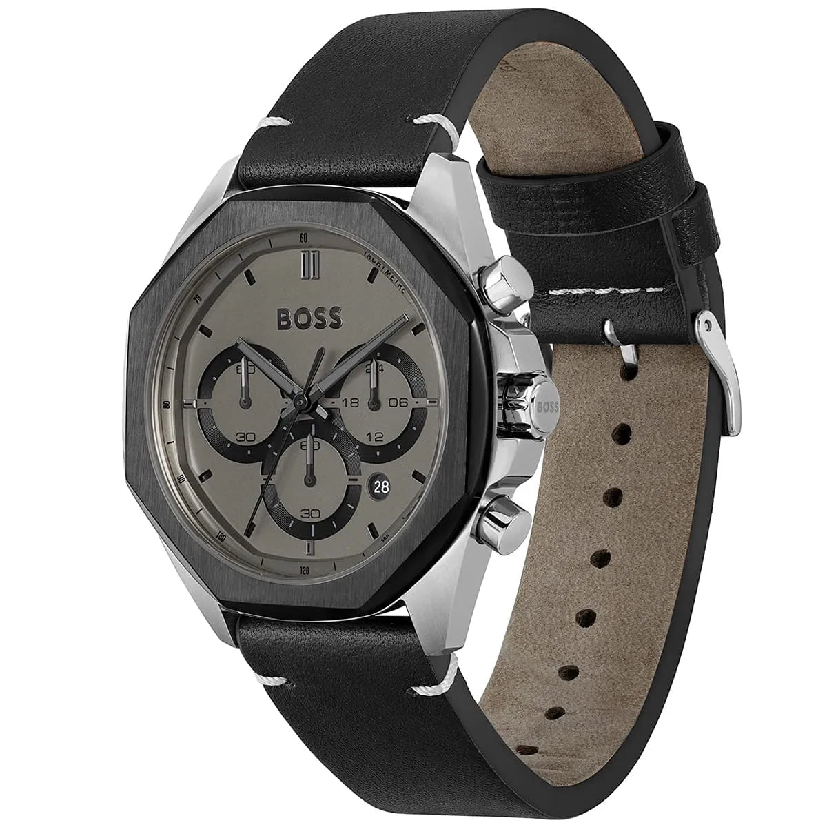 Hugo Boss Cloud watch shown at angle displaying black leather strap interior