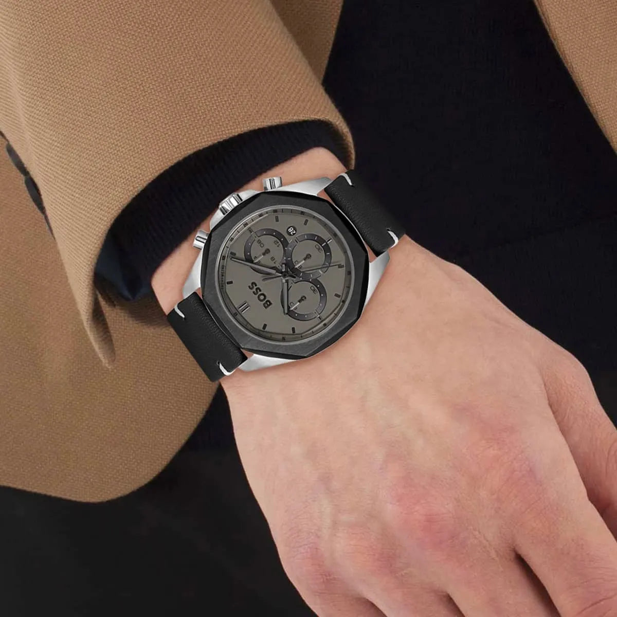 Hugo Boss Cloud chronograph watch worn on wrist showing dial and black strap