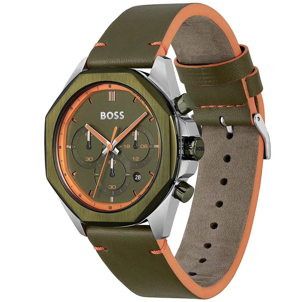 Hugo Boss Cloud chronograph watch angled view showing green leather strap with orange contrast stitching