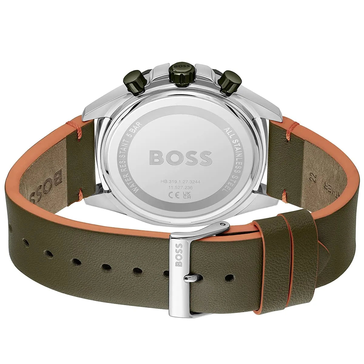 Hugo Boss Cloud watch caseback showing silver-tone case back and leather strap details