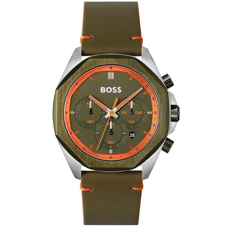 Hugo Boss Cloud green dial chronograph watch with orange accents and olive leather strap