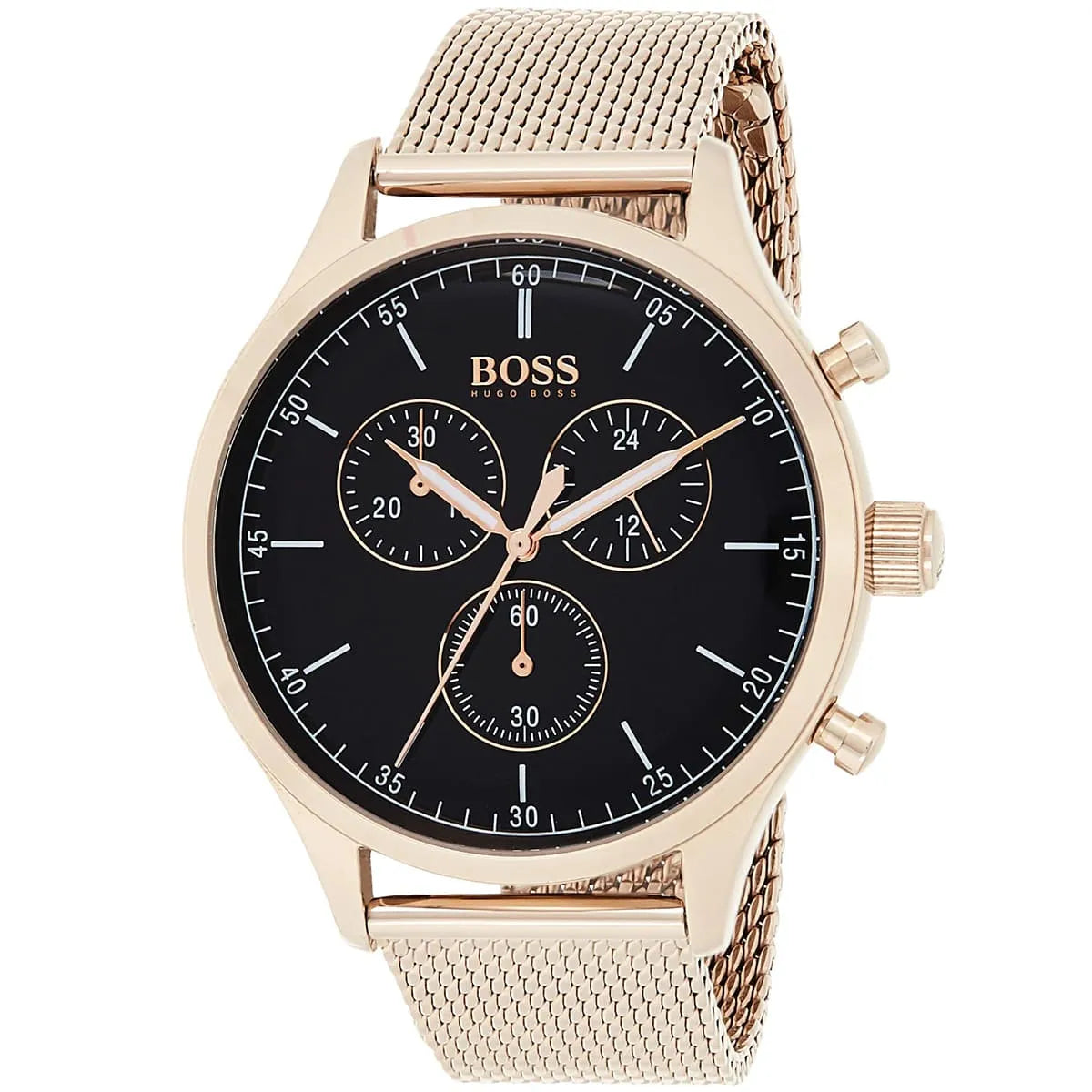 Hugo Boss Companion Chronograph Black Dial Rose Gold Mesh Strap Watch For Men - 1513548