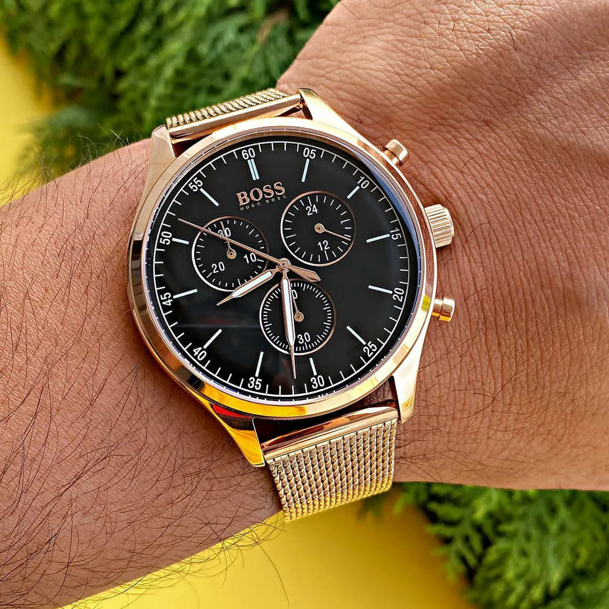 Hugo Boss Companion Chronograph Black Dial Rose Gold Mesh Strap Watch For Men - 1513548