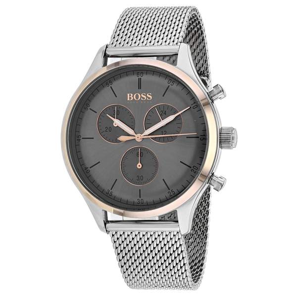 Hugo Boss Companion chronograph grey dial men's watch with mesh strap and rose gold accents