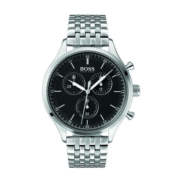 Hugo Boss Companion chronograph men's watch with black dial and three subdials, stainless steel bracelet