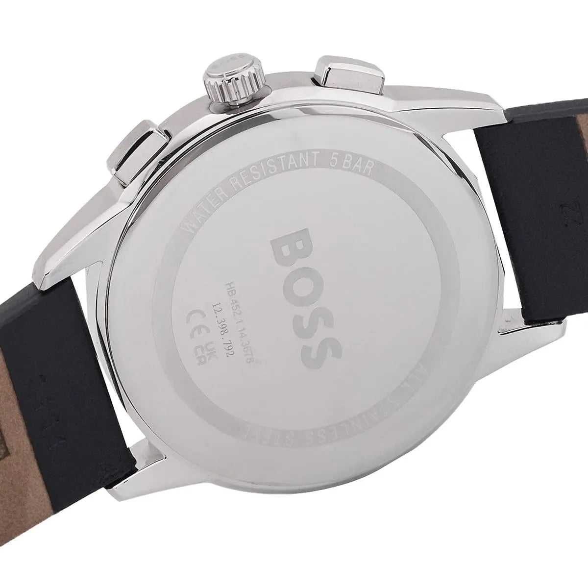 Close-up of Hugo Boss Dapper watch caseback showing water resistance and specifications