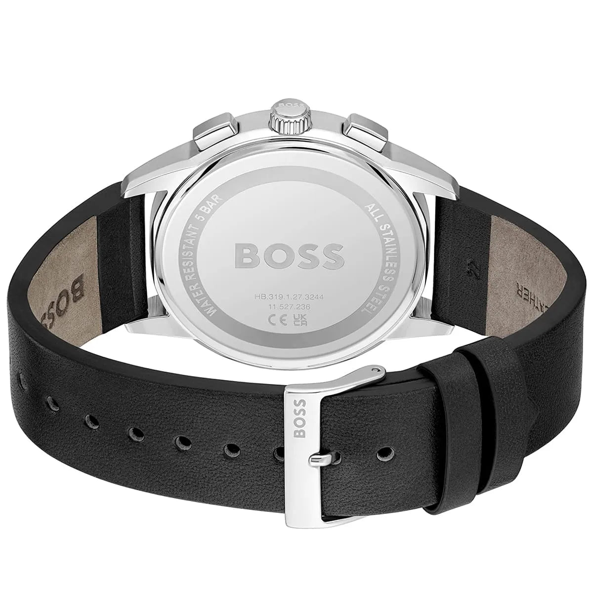 Hugo Boss Dapper watch caseback with leather strap and stainless steel back