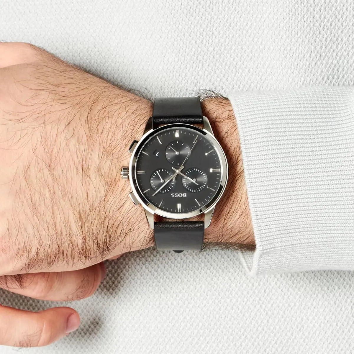 Hugo Boss Dapper chronograph watch worn on wrist with black leather strap