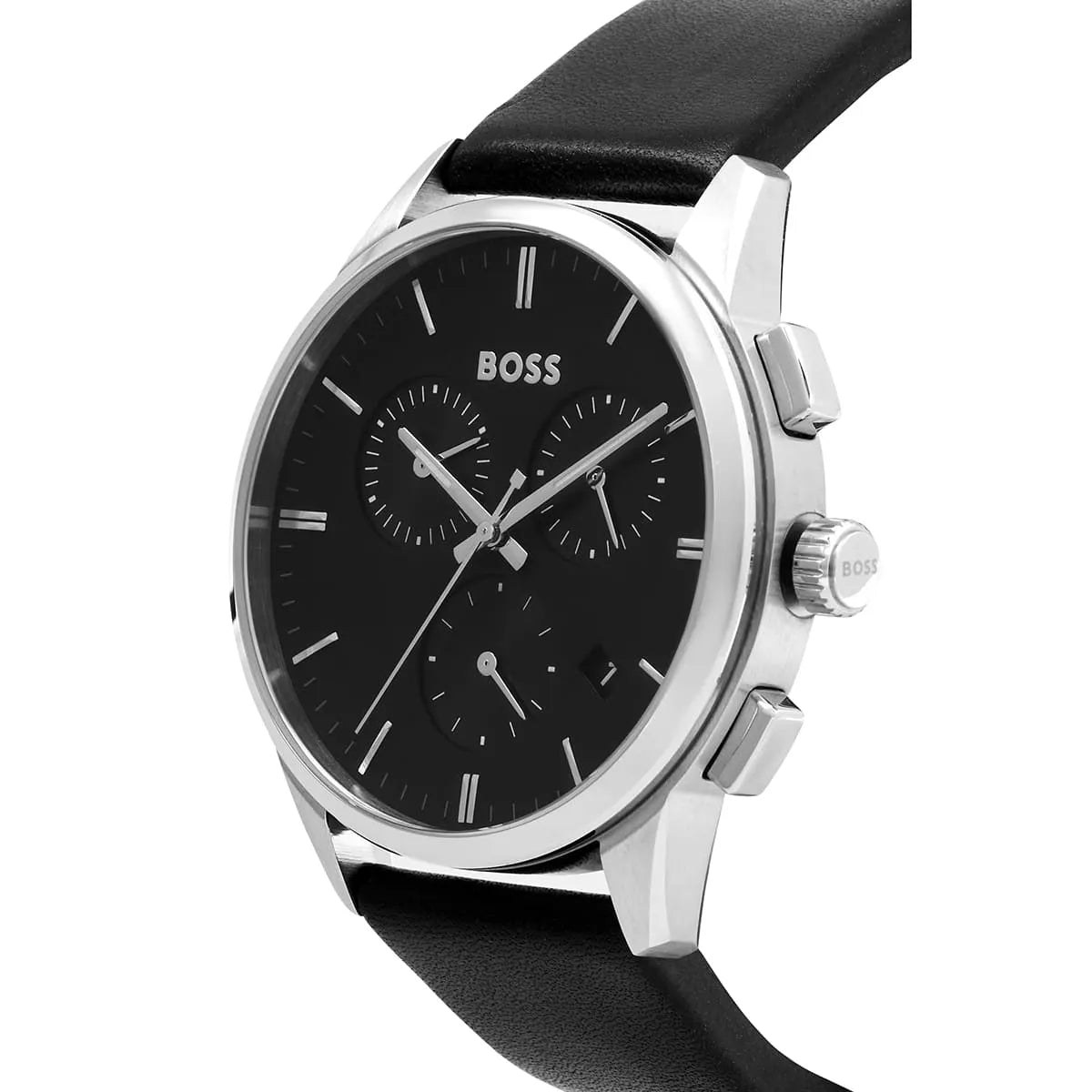 Side view of Hugo Boss Dapper watch with chronograph pushers and black strap