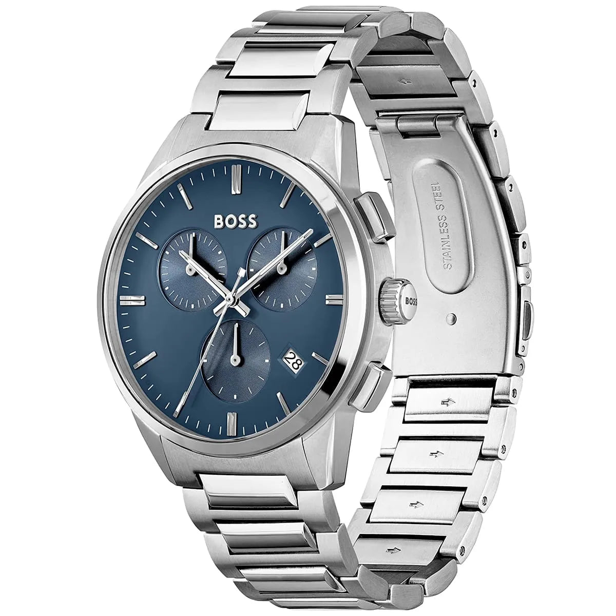 Hugo Boss Dapper chronograph watch showing front and side profile with metal bracelet