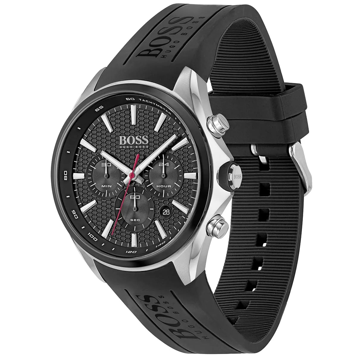 Hugo Boss Distinct chronograph watch from angled side view showing black rubber strap with embossed logo and pushers