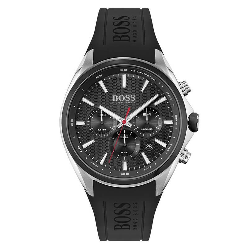 Hugo Boss Distinct chronograph watch with black dial, textured face, white hour markers, and red hands on black rubber strap