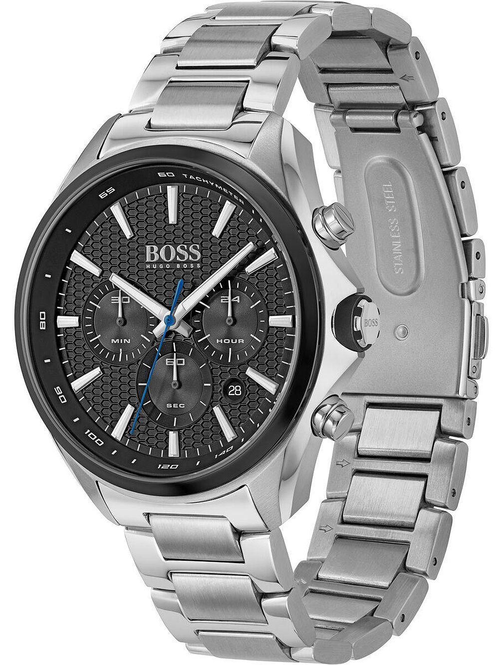 Hugo Boss Distinct silver chronograph watch shown at angle with side profile of bracelet visible