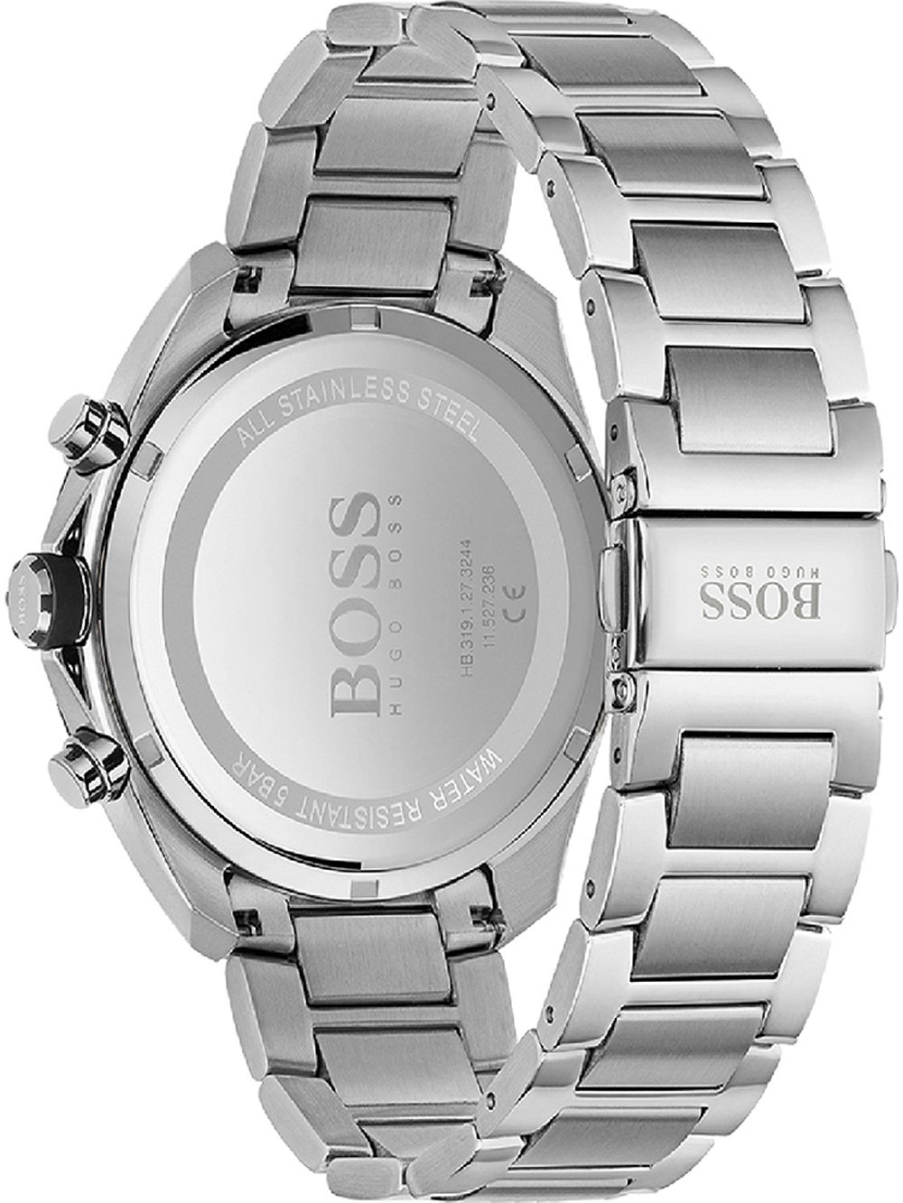 Hugo Boss Distinct watch caseback showing stainless steel with BOSS branding and engravings