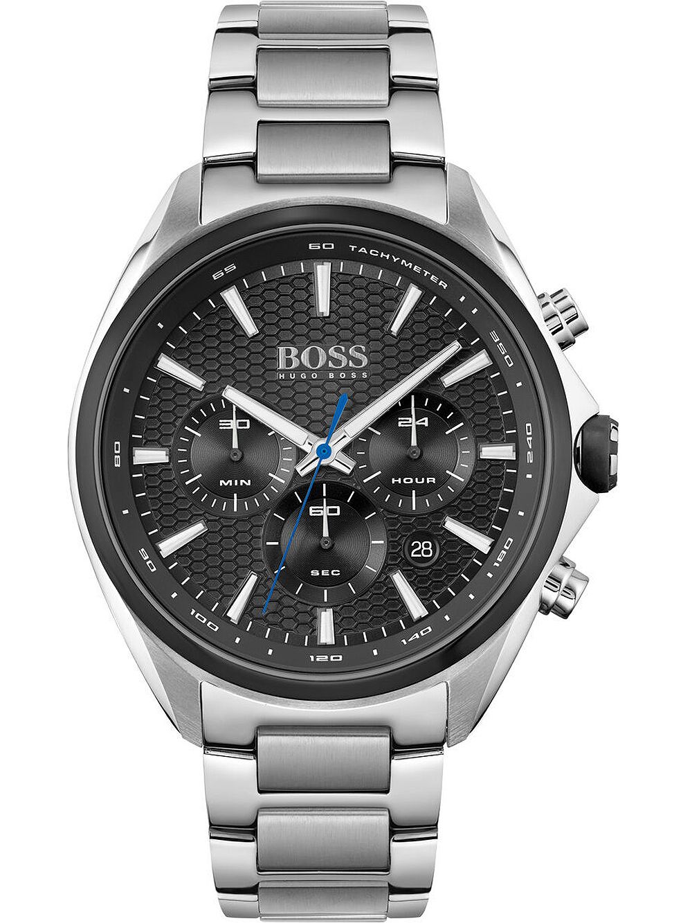 Hugo Boss Distinct silver chronograph watch with black dial and silver bracelet, front view