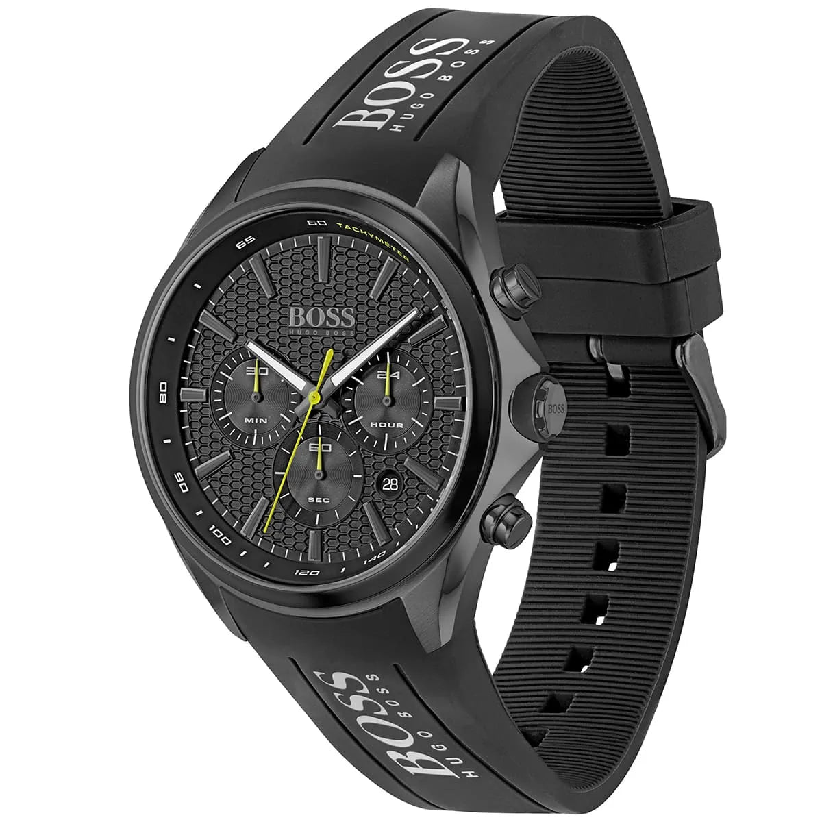 Hugo Boss Distinct chronograph watch angled view showing black dial and silicone strap