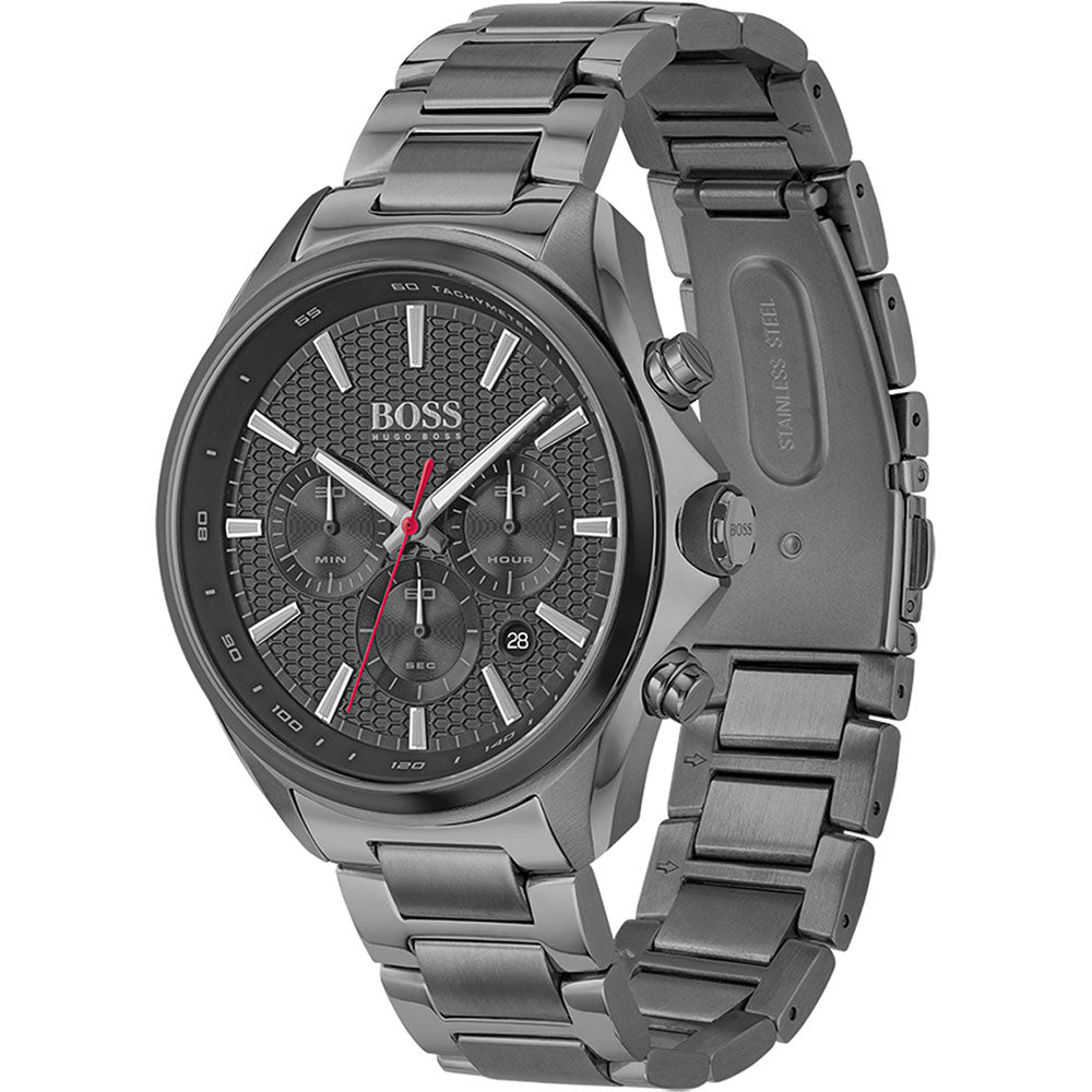 Hugo Boss Distinct grey chronograph watch shown at angle displaying dial and stainless steel bracelet