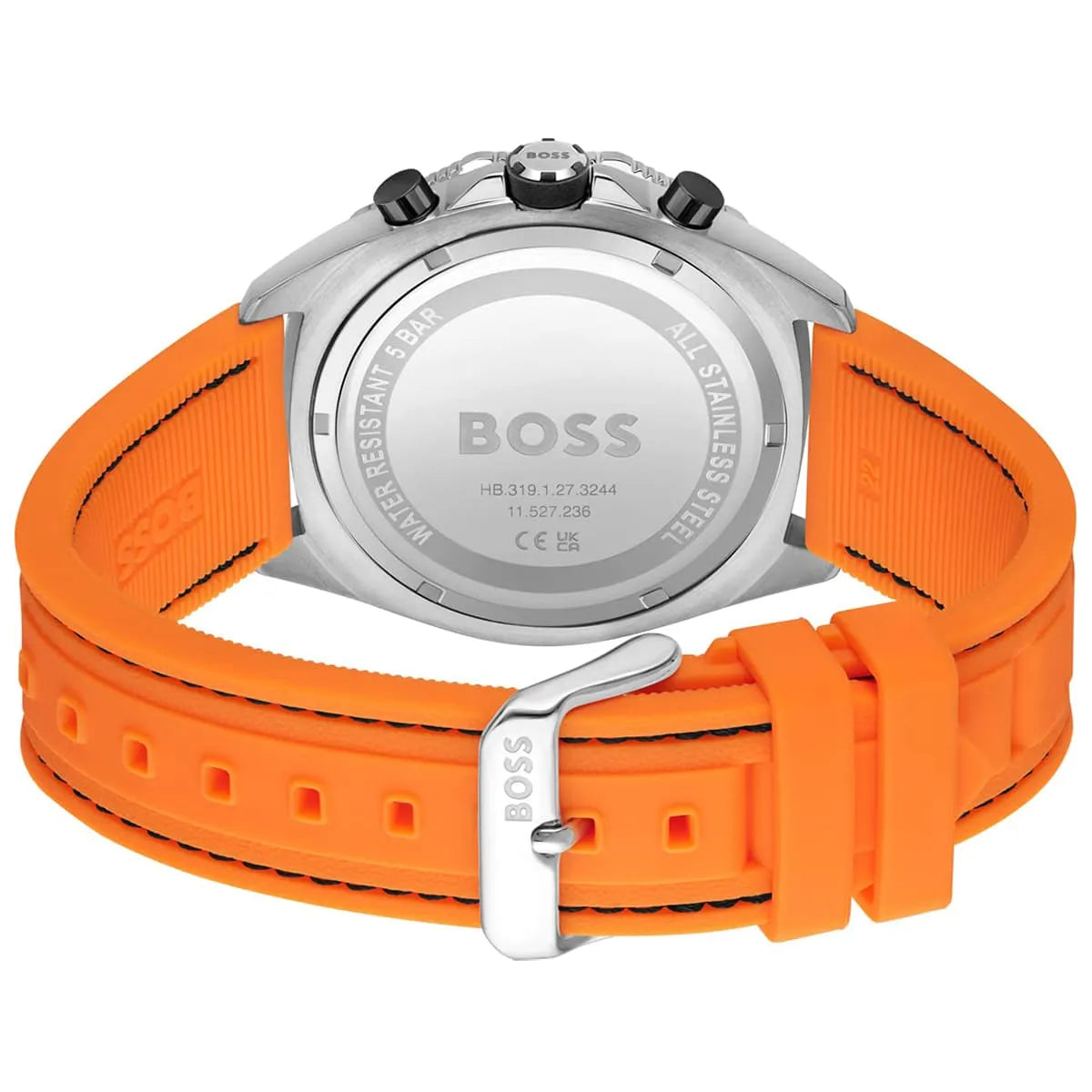 Hugo Boss Energy caseback showing silver case and orange rubber strap with buckle closure