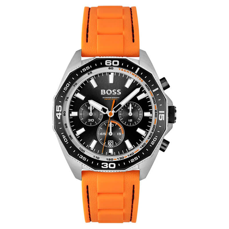 Hugo Boss Energy chronograph watch with black dial and orange rubber strap
