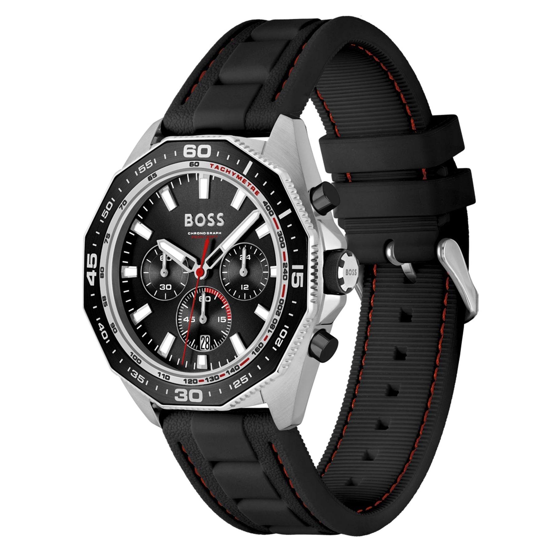Side angle view of Hugo Boss Energy chronograph watch with black silicone strap and red stitching