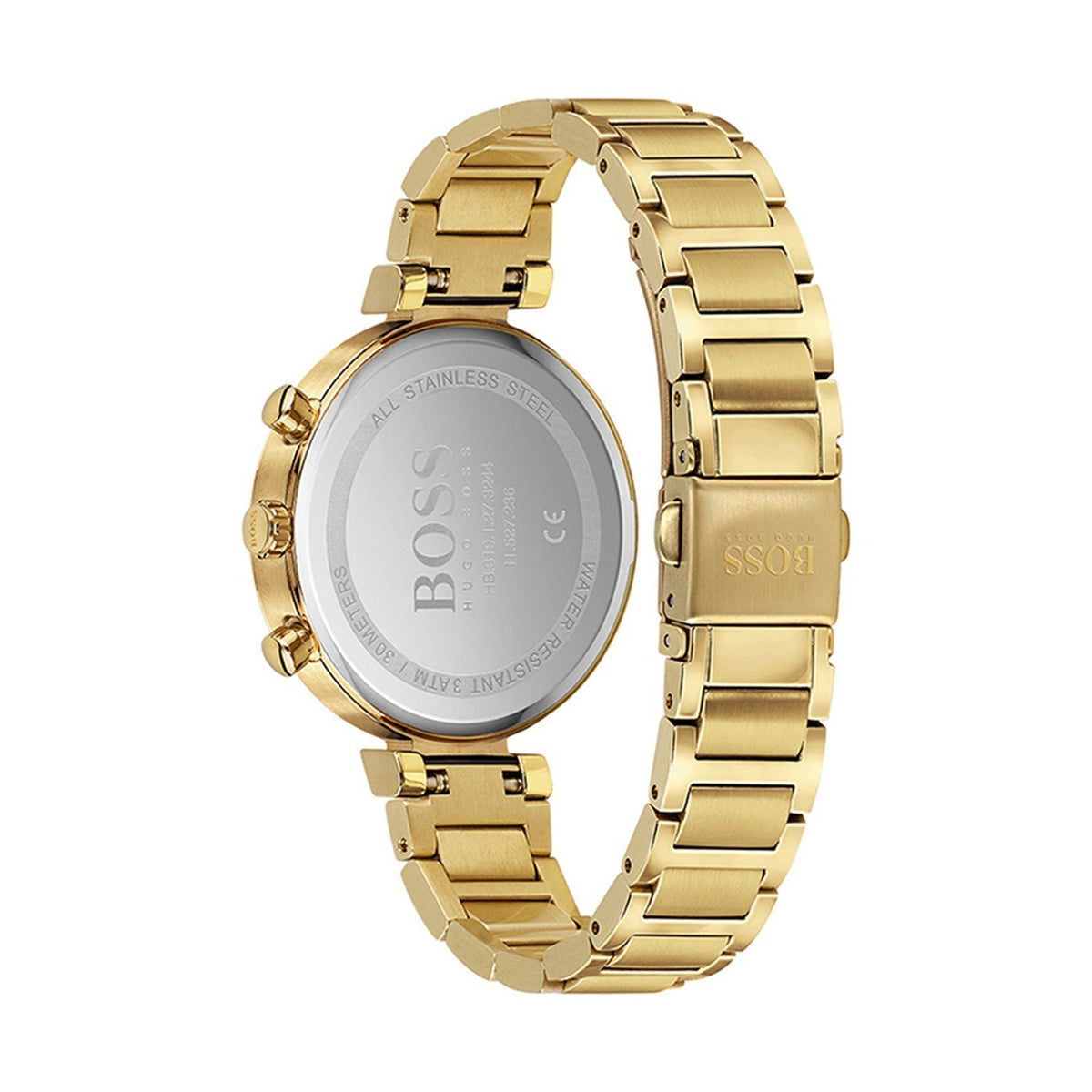 Hugo Boss Flawless watch caseback showing stainless steel case and BOSS branding