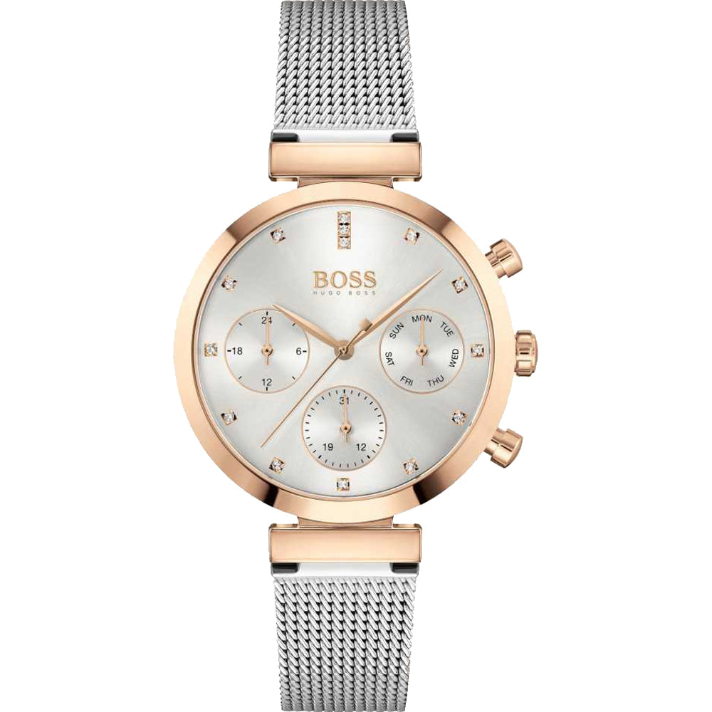 Hugo Boss Flawless silver mesh women's watch with rose gold case and white dial