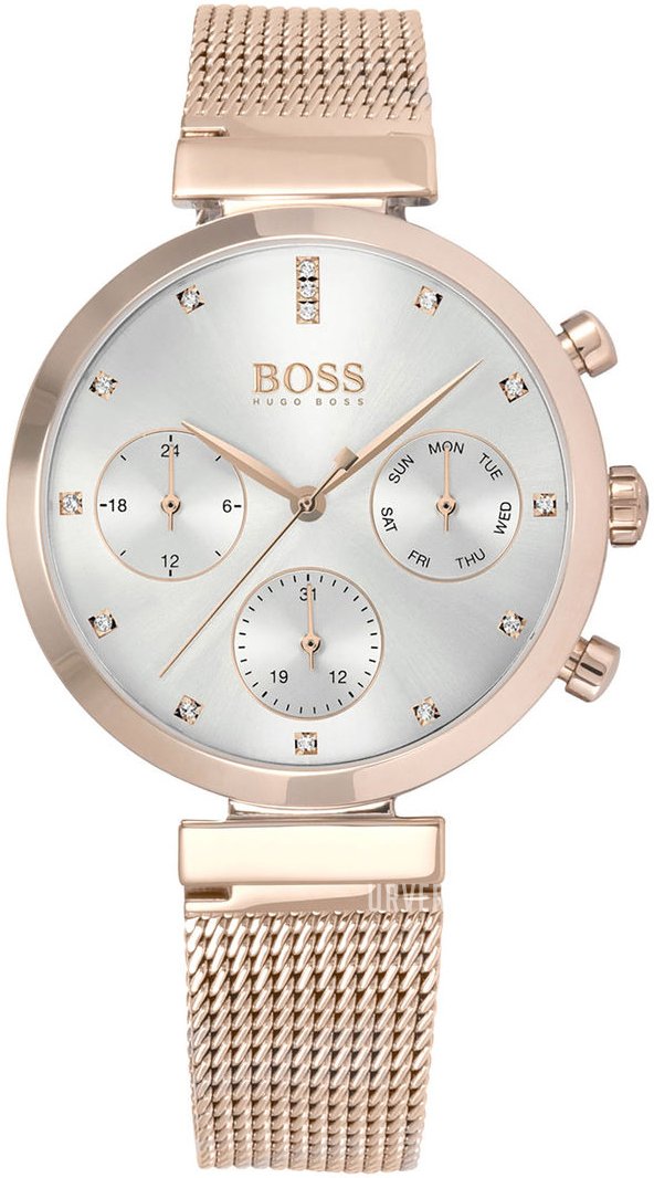 Hugo Boss Flawless rose gold chronograph watch with white dial and mesh strap