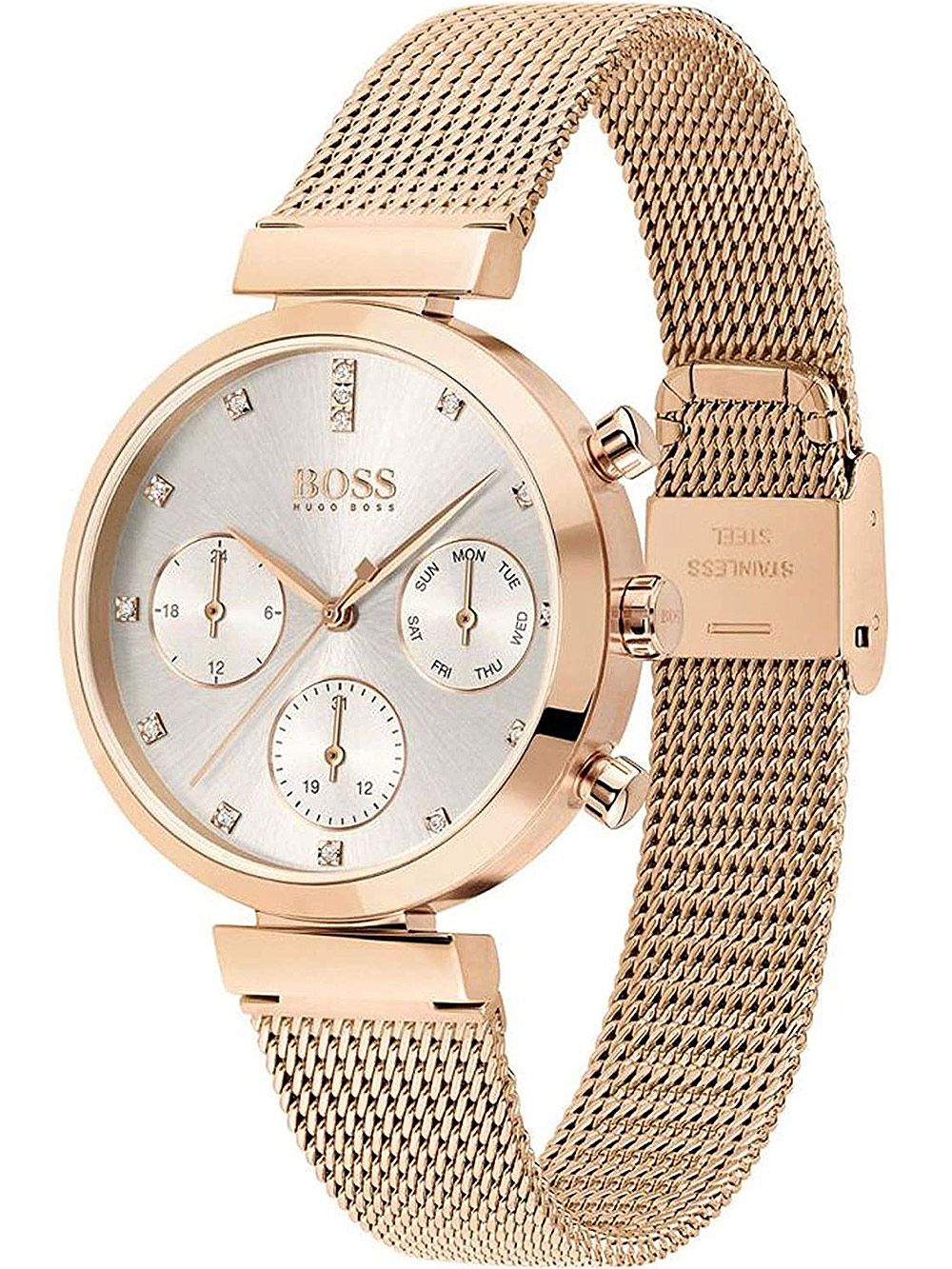 Hugo Boss Flawless chronograph on wrist showing rose gold mesh bracelet