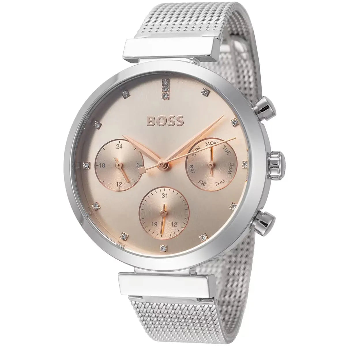 Hugo Boss Flawless women's chronograph watch with pink dial and rose gold sub-dials, angled view
