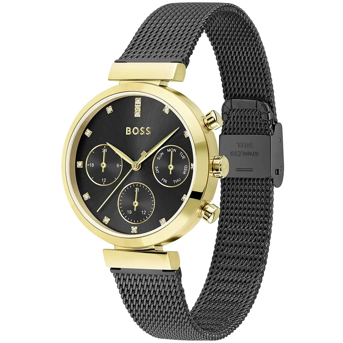 Hugo Boss Flawless chronograph watch angled view showing black mesh strap and gold-tone case