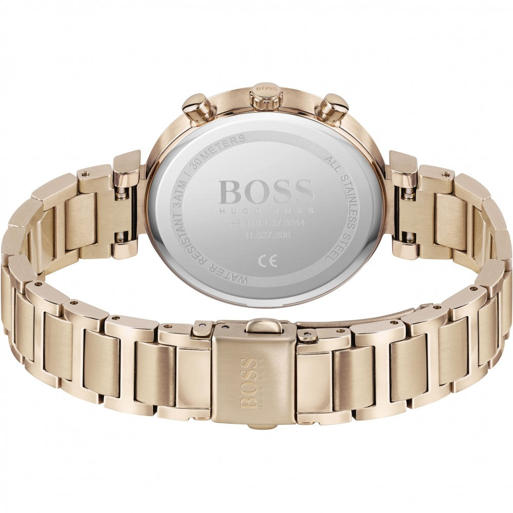 Hugo Boss Flawless women's watch caseback showing rose gold bracelet and case