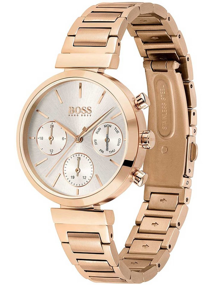 Side angle view of Hugo Boss Flawless rose gold chronograph women's watch on wrist