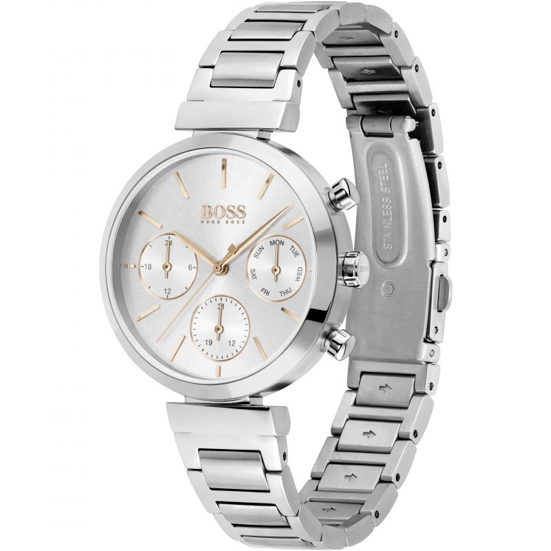 Side angle view of Hugo Boss Flawless chronograph watch with silver stainless steel bracelet