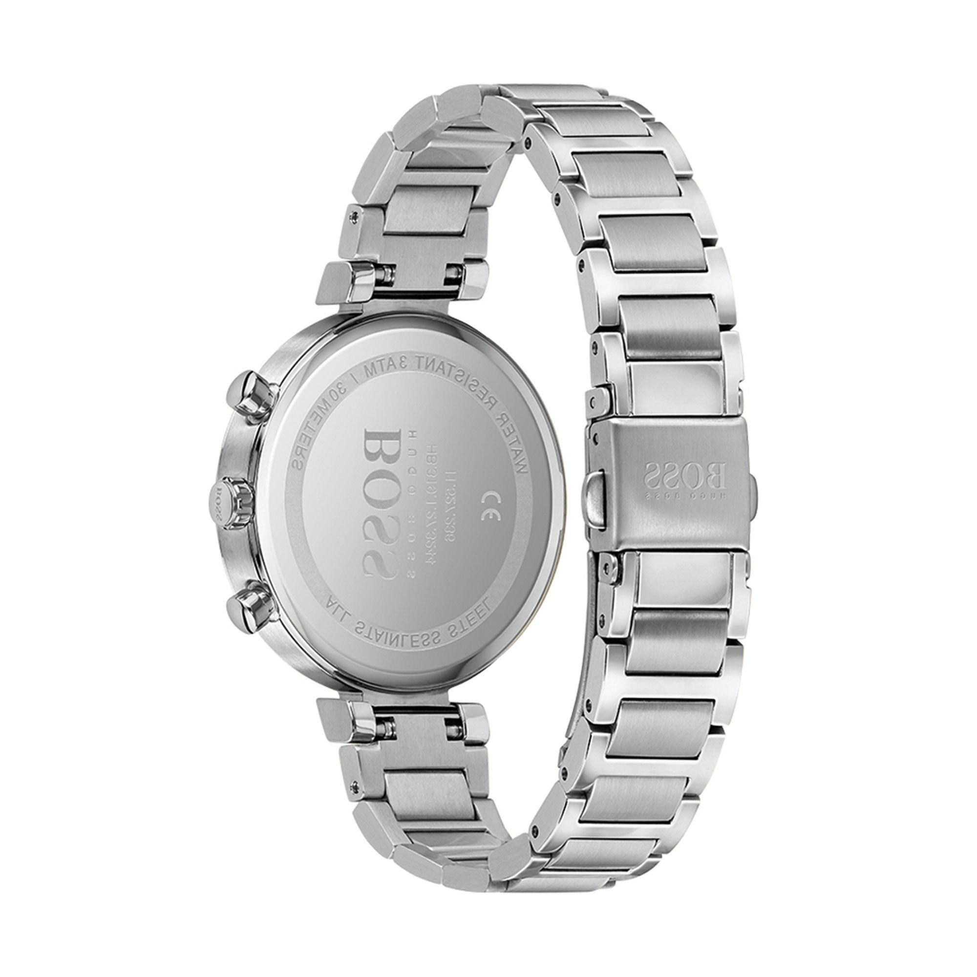 Hugo Boss Flawless watch caseback showing silver stainless steel with engraved branding