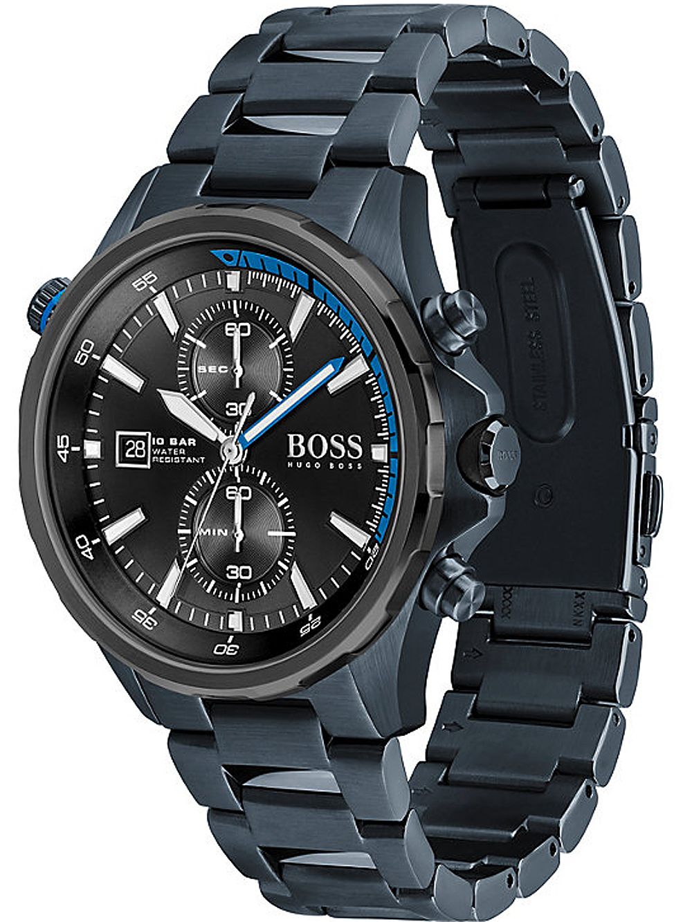 Hugo Boss Globetrotter chronograph watch with steel bracelet at three-quarter angle
