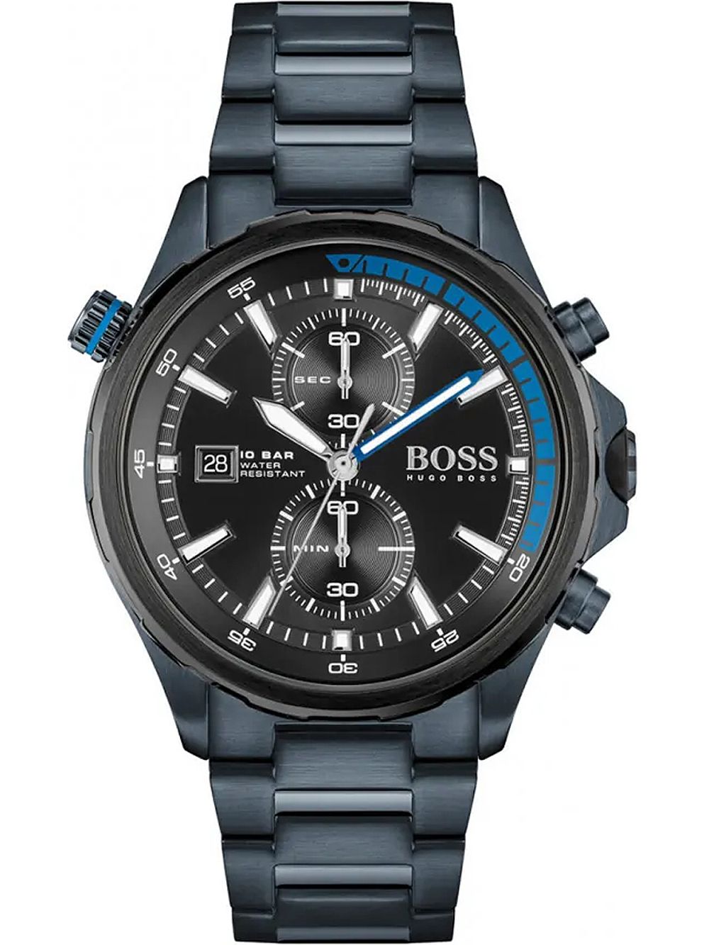 Hugo Boss Globetrotter men's chronograph watch with black dial and blue accents