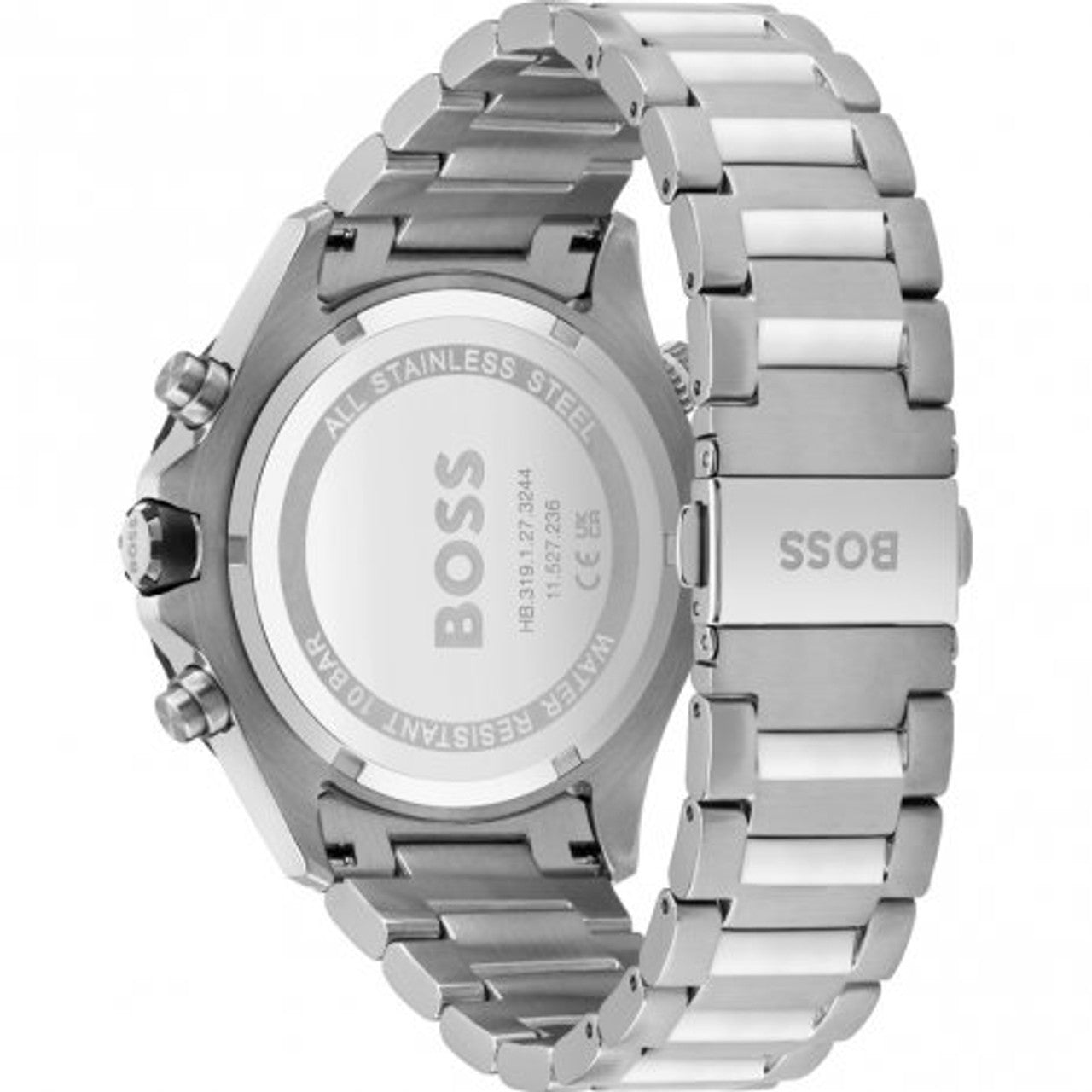Hugo Boss Globetrotter watch caseback showing stainless steel and BOSS branding