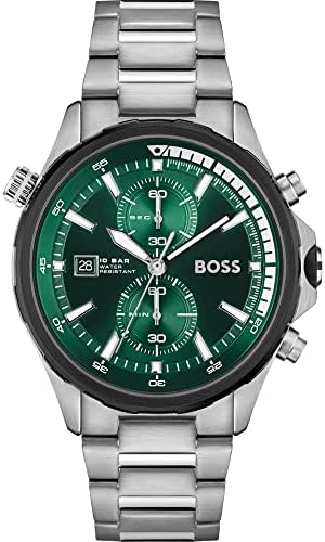 Hugo Boss Globetrotter green dial men's chronograph watch with stainless steel bracelet