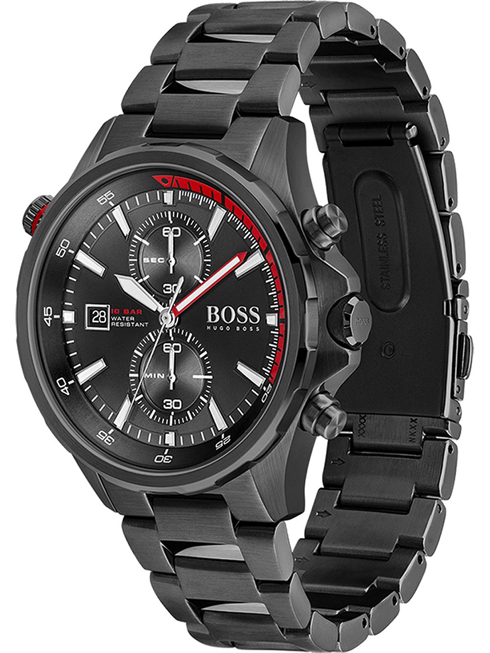 Hugo Boss Globetrotter black chronograph with all-black stainless steel bracelet, side view