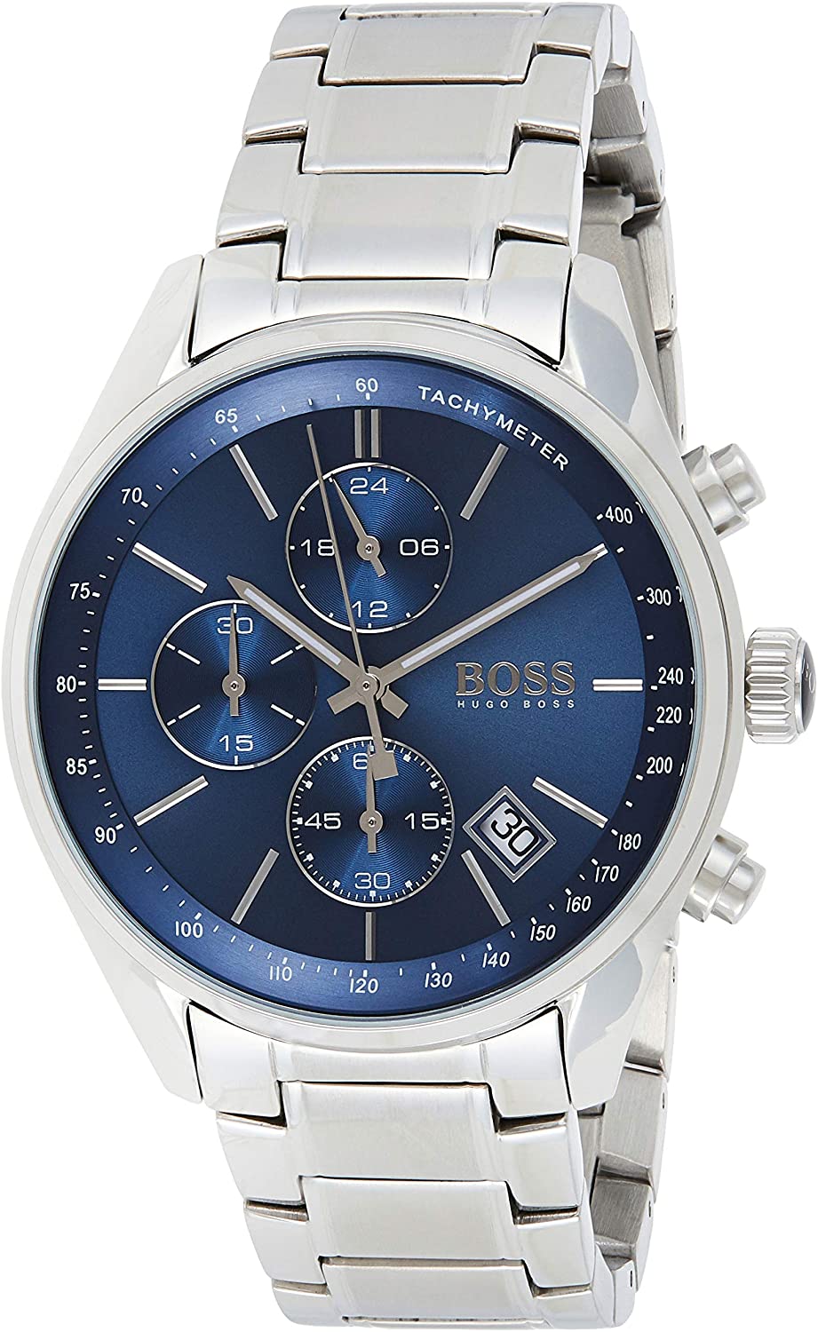 Hugo Boss Grand Prix men's chronograph watch with blue dial and stainless steel bracelet